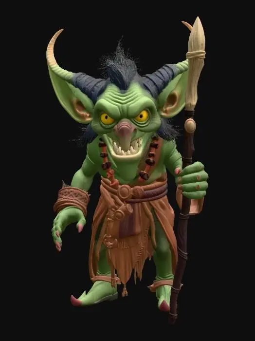3D model for goblin shaman Disney villain, Tangled stylized, exaggerated sinister features, large menacing glowing eyes, long crooked nose, wide toothy mischievous grin, large pointed ears, small hunched wiry figure with dramatic exaggerated proportions, wild scraggly hair adorned with feathers and bones, layered ragged tribal robes with wide dramatic sleeves, ornate tribal bone jewelry and colorful bead adornments, rope belt with hanging charms and pouches, gnarled wooden staff with skull and glowing crystal topper, bare feet with wrapped cloth bindings, dramatic menacing villainous stance, full body