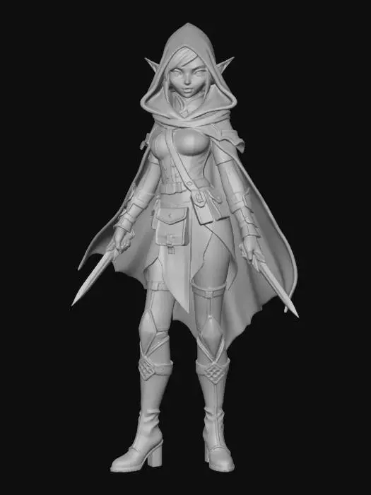 3D model for female elf rogue Disney Tangled stylized, sharp angular features, large expressive dangerous eyes, slender athletic figure with dramatic proportions, short dramatic white hair with sharp styling, large pointed ears, form fitting sleek dark leather armor with dramatic hood and flowing cloak, twin elegant daggers at hips, utility belt with pouches and gadgets, thigh high boots with buckles, confident dangerous combat ready stance, full body