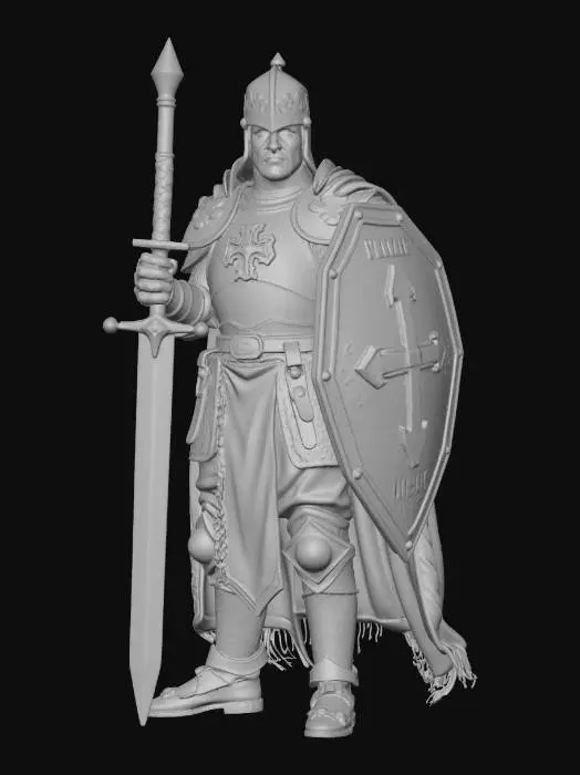 3D model for male medieval crusader, Disney Tangled stylized, smooth rounded heroic features, large expressive determined eyes, tall broad muscular figure with dramatic proportions, ornate full plate armor with bold red cross emblem on chest, dramatic great helm with visor, long gleaming longsword held high, large kite shield with bold red cross emblem, chainmail visible at neck and joints, leather belt with pouches, heavy ornate boots and gauntlets, dramatically flowing tattered white and red holy cape billowing behind, heroic commanding stance, full body