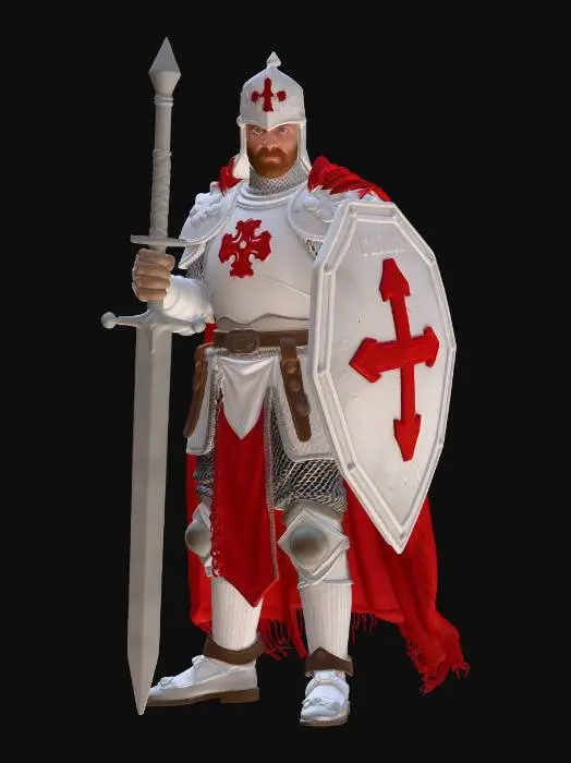 3D model for male medieval crusader, Disney Tangled stylized, smooth rounded heroic features, large expressive determined eyes, tall broad muscular figure with dramatic proportions, ornate full plate armor with bold red cross emblem on chest, dramatic great helm with visor, long gleaming longsword held high, large kite shield with bold red cross emblem, chainmail visible at neck and joints, leather belt with pouches, heavy ornate boots and gauntlets, dramatically flowing tattered white and red holy cape billowing behind, heroic commanding stance, full body