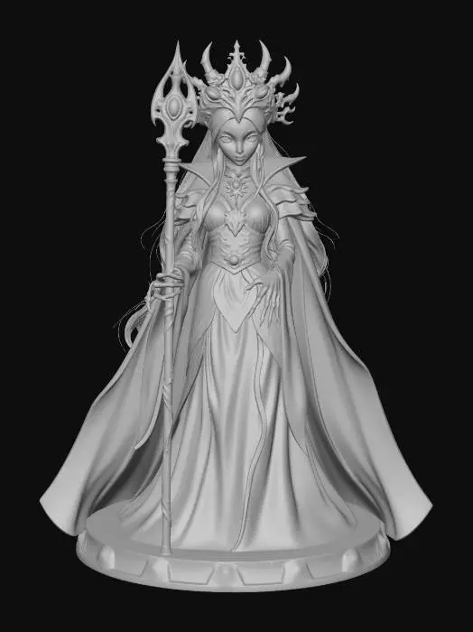 3D model for female undead overlord Disney Tangled stylized, exaggerated sinister features, sharp dramatic cheekbones, large menacing glowing eyes, imperious cold expression, tall dramatically imposing elegant figure, long dramatically sweeping white silver hair, large elaborate blackened bone crown sweeping dramatically upward with dark gemstones, dramatically oversized layered black and deep purple royal robes with wide sweeping sleeves and long dramatic train, long spindly fingers crackling with necrotic energy, towering obsidian staff with glowing soul gem topper, spectral undead spirit companions swirling around her like a cloak, commanding imperious villainous stance, full body