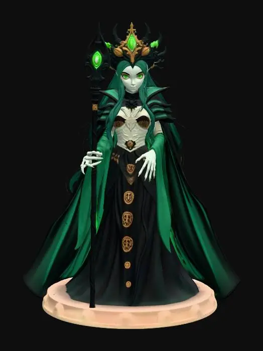 3D model for female undead overlord Disney Tangled stylized, exaggerated sinister features, sharp dramatic cheekbones, large menacing glowing eyes, imperious cold expression, tall dramatically imposing elegant figure, long dramatically sweeping white silver hair, large elaborate blackened bone crown sweeping dramatically upward with dark gemstones, dramatically oversized layered black and deep purple royal robes with wide sweeping sleeves and long dramatic train, long spindly fingers crackling with necrotic energy, towering obsidian staff with glowing soul gem topper, spectral undead spirit companions swirling around her like a cloak, commanding imperious villainous stance, full body