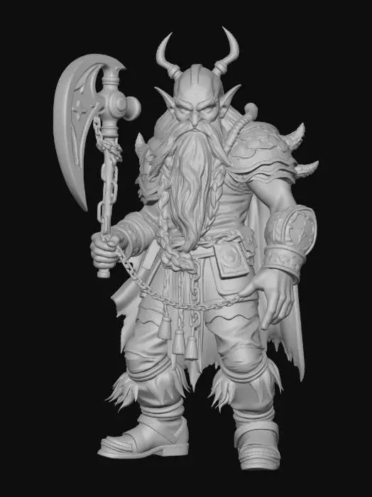3D model for male cursed undead dwarf warrior, Disney Tangled stylized, exaggerated sinister features, large menacing hollow glowing eyes, short stocky dramatically hunched figure, long dramatically matted braided beard threaded with bones and rusted rings, ancient ornate crumbling dwarf plate armor with dark rune engravings, broken chains hanging dramatically from wrists, massive rusted battle axe with crackling necrotic energy, wispy necrotic energy swirling around him, dramatic shambling yet imposing villainous stance, full body