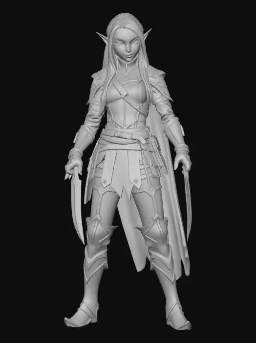 3D model for female elf rogue assassin, Disney Tangled stylized, sharp dramatic angular features, large piercing dangerous eyes, slender athletic figure with dramatic proportions, long dramatically pointed ears, long sleek straight silver hair, fitted sleek dark leather stealth armor with layered dramatic belts and straps, multiple pouches and gadgets, thigh mounted twin elegant daggers, fingerless gloves with sharp nails, high leather boots with buckles, short dramatically torn cloak, agile poised deadly villainous stance, full body