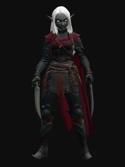 3D model for female elf rogue assassin, Disney Tangled stylized, sharp dramatic angular features, large piercing dangerous eyes, slender athletic figure with dramatic proportions, long dramatically pointed ears, long sleek straight silver hair, fitted sleek dark leather stealth armor with layered dramatic belts and straps, multiple pouches and gadgets, thigh mounted twin elegant daggers, fingerless gloves with sharp nails, high leather boots with buckles, short dramatically torn cloak, agile poised deadly villainous stance, full body