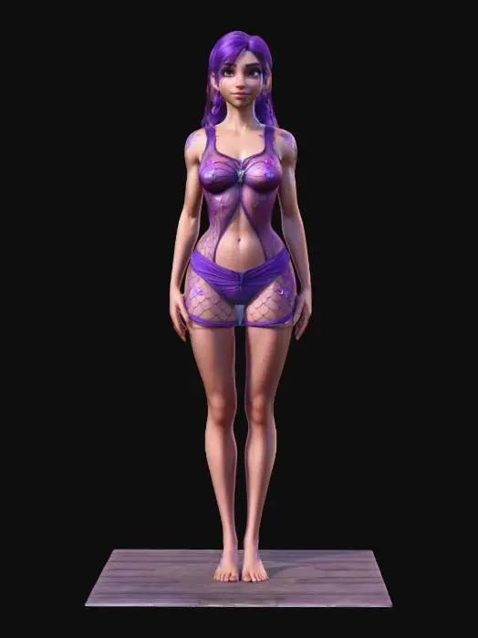 3D model for Disney fairy who loves summer, a very muscular and woman with symmetrical Purple shorty, good anatomy and eyes, best quality, detailed mesh, high resolution, super detail, best quality, 4K, 8K, HDR, studio quality beautiful, elegant, realistic, ultra realistic from head to toe , #women#