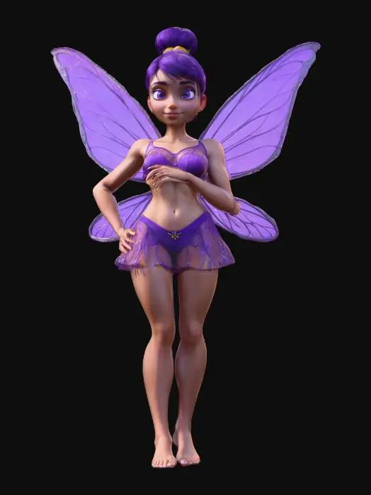 3D model for Disney fairy who loves summer, a very muscular and woman with symmetrical Purple shorty, good anatomy and eyes, best quality, detailed mesh, high resolution, super detail, best quality, 4K, 8K, HDR, studio quality beautiful, elegant, realistic, ultra realistic from head to toe , #women#