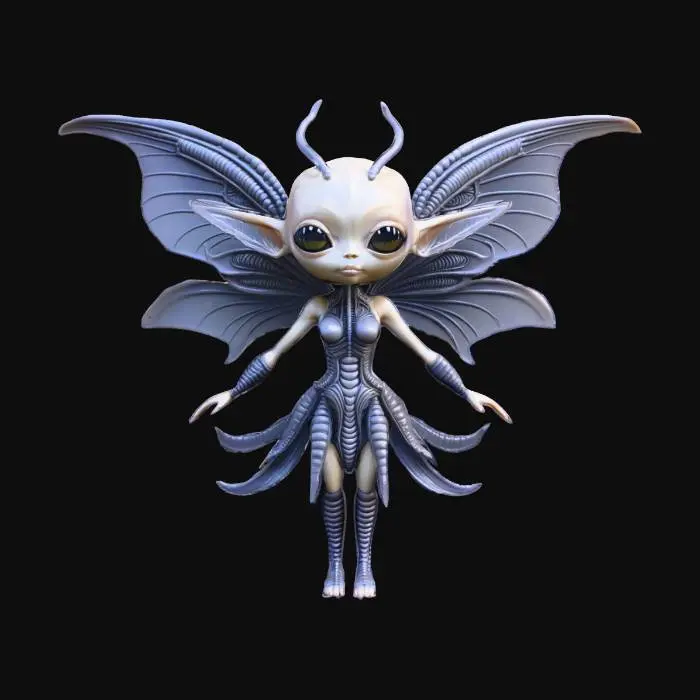 3D model for a alien fairy inspired by H.R. Giger. Chibi art style. She has large wings. dynamic pose. Highly stylized, she has a very elaborate couture style, dnd miniature , #fairy#