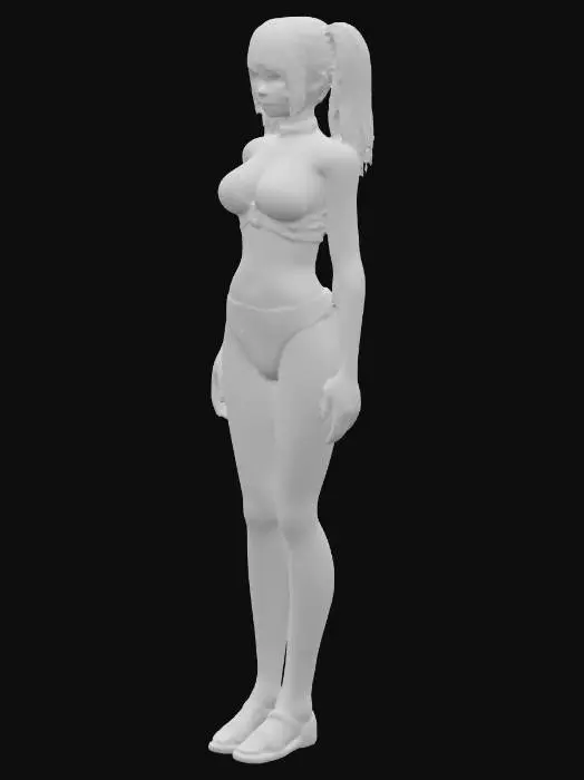 3D model for A young woman with long blonde hair styled in pigtails with straight bangs framing her face. She has striking blue eyes and fair, smooth skin. She is dressed in a two-piece outfit made of glossy, jet-black patent leather, consisting of a halter-neck bra top and matching high-cut briefs. The material has a sleek, reflective surface and a smooth texture. A black choker with a small, metallic silver O-ring detail is worn around her neck.