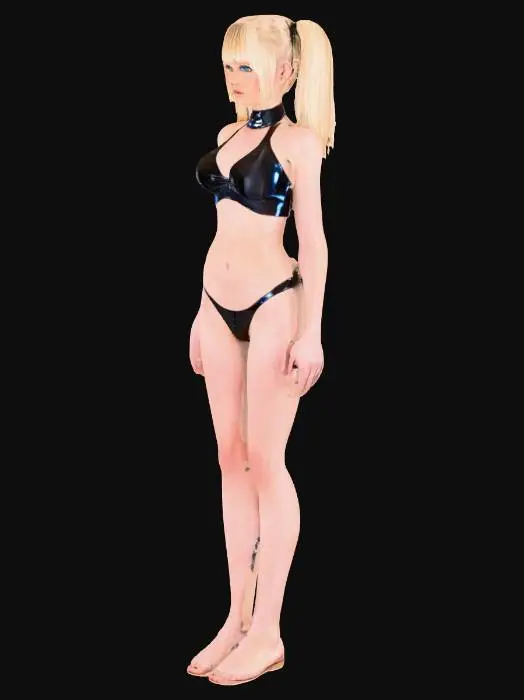 3D model for A young woman with long blonde hair styled in pigtails with straight bangs framing her face. She has striking blue eyes and fair, smooth skin. She is dressed in a two-piece outfit made of glossy, jet-black patent leather, consisting of a halter-neck bra top and matching high-cut briefs. The material has a sleek, reflective surface and a smooth texture. A black choker with a small, metallic silver O-ring detail is worn around her neck.