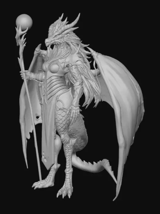 3D model for #villain#, A stylized dark dragon queen villain, humanoid female with dragon-like features. She has black and crimson scales, long curved horns, sharp claws, and large dragon wings folded behind her. Her eyes glow with fiery light, and she wears tattered royal armor with dark fantasy details. In her right hand she holds a tall staff with a glowing purple magical orb at the top, radiating energy. Her pose is powerful and villainous: standing tall, wings partly spread, one hand extended as if casting a spell, with a wicked smile. Stylized, anime-inspired, fantasy villain aesthetic.