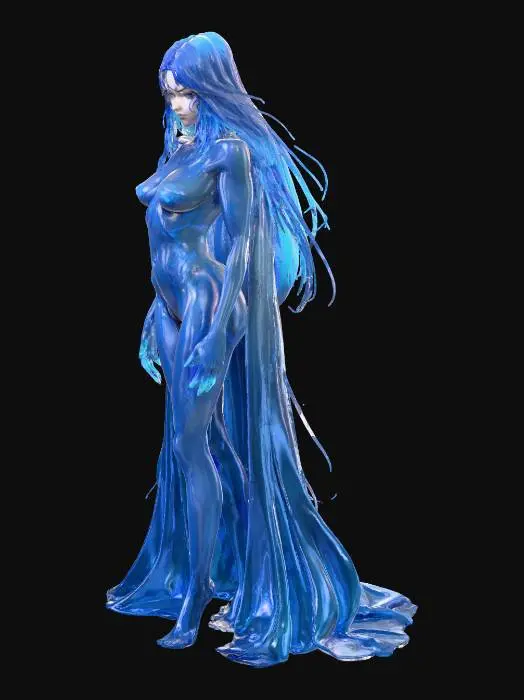 3D model for A captivating anime-style villainous slime girl, presented full body, embodying a regal menace. Her physique is sculpted from a deep sapphire blue, highly translucent slime, through which brilliant electric-blue glowing veins crisscross like intricate circuitry. Her posture is upright and confident, almost imperious. Sharp, angular lines define her fluid, yet structured form, and her gaze holds an unsettling, calculating intelligence.