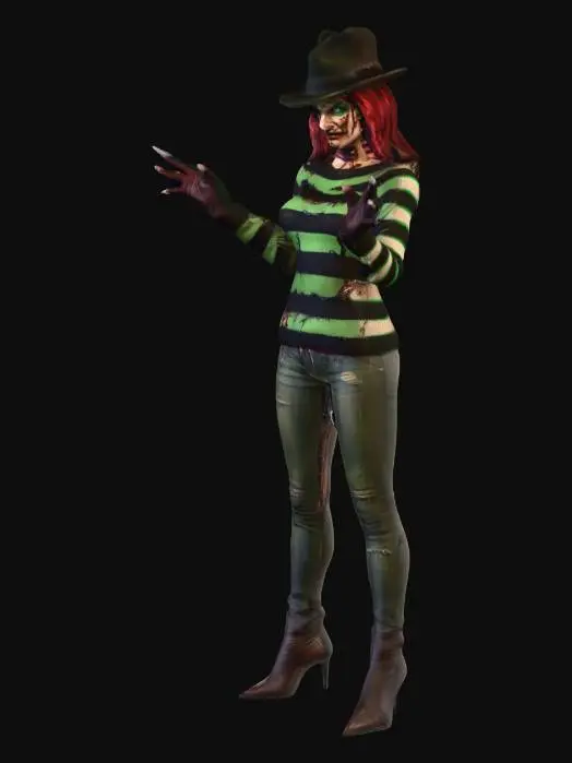 3D model for Realistic cinematic portrait of a female villain inspired by Freddy Krueger, horror movie style. She wears a distressed red and green striped sweater (torn and fitted), a dark fedora casting shadows on her scarred face, and a glove with sharp metallic claw blades. Her skin shows burn scars but retains an eerie beauty, with glowing amber eyes and a sinister smirk. Moody lighting, cinematic horror atmosphere, smoky dark background, ultra-detailed, realistic textures, 8K render, dramatic shadows.