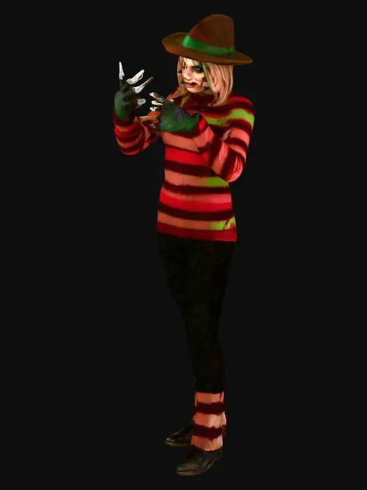 3D model for #villain#, Realistic cinematic portrait of a female villain inspired by Freddy Krueger, horror movie style. She wears a distressed red and green striped sweater (torn and fitted), a dark fedora casting shadows on her scarred face, and a glove with sharp metallic claw blades. Her skin shows burn scars but retains an eerie beauty, with glowing amber eyes and a sinister smirk. Moody lighting, cinematic horror atmosphere, smoky dark background, ultra-detailed, realistic textures, 8K render, dramatic shadows.