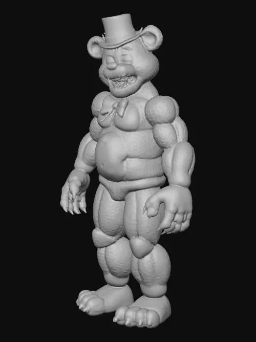 3D model for #villain#, A sexy anthropomorphic Freddy Fazbear from FNAF, humanoid-animal hybrid, wearing a tattered bow tie and top hat, with furred textures, muscular but sleek build, mischievous grin, glowing eyes. Horror-meets-glam style, cinematic lighting, detailed realistic textures, menacing yet alluring pose, full body character design, high detail mesh.