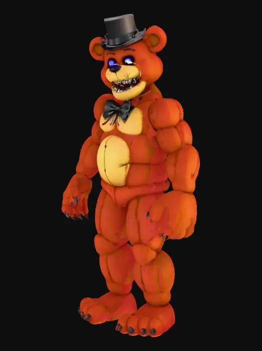 3D model for #villain#, A sexy anthropomorphic Freddy Fazbear from FNAF, humanoid-animal hybrid, wearing a tattered bow tie and top hat, with furred textures, muscular but sleek build, mischievous grin, glowing eyes. Horror-meets-glam style, cinematic lighting, detailed realistic textures, menacing yet alluring pose, full body character design, high detail mesh.