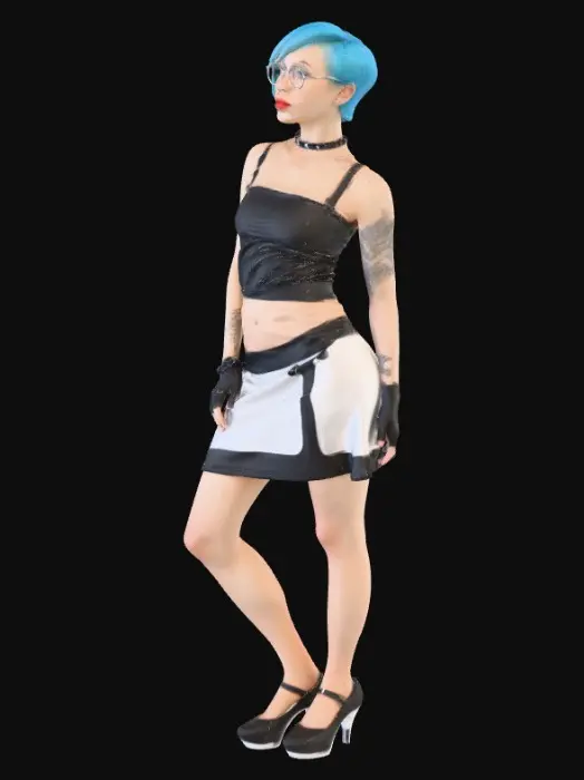 3D model for A vibrant 3D model of a person with short, choppy electric blue hair, wearing round silver-rimmed glasses and multiple facial piercings including septum and labret. They have intricate minimalist black line-work tattoos across their large chest and arms. A glossy, form-fitting black shiny latex strapless top covers their torso, paired with a white skirt featuring black trim. The pose shows one arm gently raised behind the head against a clean, light background.