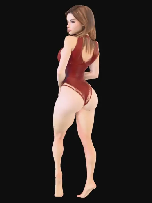 3D model for A 3D model of a curvaceous woman with a toned physique and radiant, tanned skin. She has long, voluminous reddish hair flowing over her shoulders, and striking, intensely red eyes. Her lips are a soft, kissable, natural red. She wears a form-fitting, high-waisted one-piece swimsuit in a deep crimson, featuring thin loose thick straps and a smooth, slightly reflective fabric that accentuates her hourglass silhouette. The pose captures her looking back over her shoulder with hands gently at her hips,showing her back at the camera, having one leg a little futher than the other.