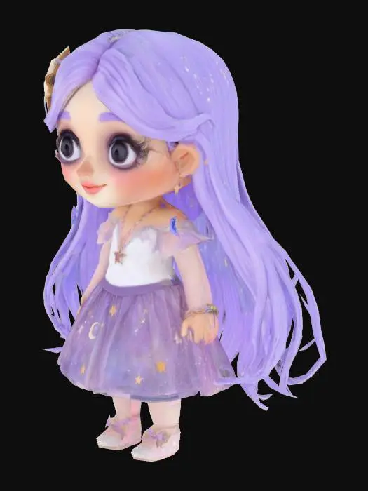 3D model for A whimsical, youthful girl with large, sparkling almond eyes, rosy cheeks, and a petite frame. Her lavender-to-silver hair flows in voluminous waves, adorned with a star hairpin. She wears a celestial-themed outfit: a constellation-embroidered top, a flowing galaxy skirt, and a sheer starry cape. Delicate accessories (glowing bracelet, moon necklace) enhance her magical vibe. Her exaggerated Disney proportions—soft features, expressive eyes, and graceful limbs—radiate wonder. Textures blend silky hair, luminous fabrics, and subtle glitter for a dreamy, 3D-friendly style.