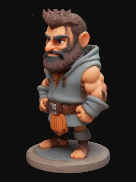 3D model for miniature  with a flat base of a DnD  muscular hairy man class: barbar in a cartoon style. it has a hoodie and it's in cool pose