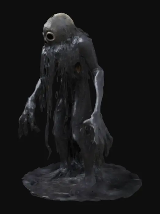3D model for Un blob di catrame con una maschera legata da un cinturino che passa dietro alla testa di un teschio con due occhi cavi ed un terzo occhio al centro della fronte. Ha due braccia molto lunghe che arrivano fino a terra e si piegano.