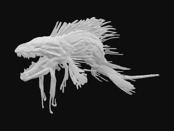 3D model for Ultra-detailed production model of a deep-sea abyssal predator, fully rigged|textured. Sinuous eel-like musculature, semi-transparent gelatinous membrane over bioluminescent vascular system. Long retractable jaws with layered fangs, abyssal photophore sensory tendrils, armored spine ridges. Modeled in ZBrush with cinematic-level topology, retopologized for game/film. The entire length of the creature is fully rendered as a seamless watertight mesh.