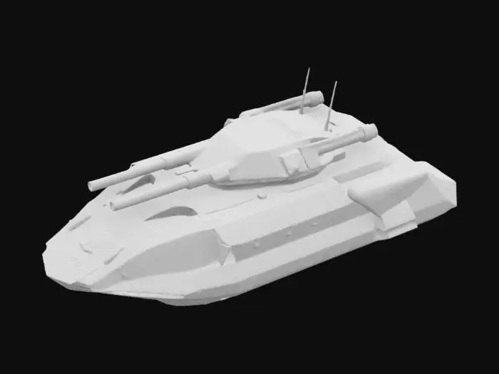 3D model for Precision engineered Tau sea-tank, polished for feature animation. Seamless construction with crisp silhouette readability, distinct material, optimized edge flow. Strong form language with structured ablative armor, twin-barrel main cannon, hovercraft aquatic fusion near-future design. Beveled hard edges for light catching, battle-optimized proportions. Sharp hard surface modeling—watertight game-ready Games_Workshop USDZ. High-fidelity sculpt with clean primary, secondary, tertiary forms.