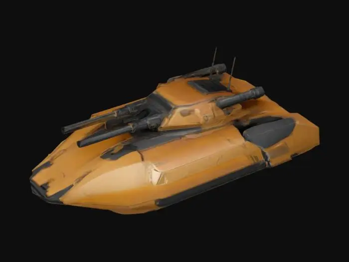 3D model for Precision engineered Tau sea-tank, polished for feature animation. Seamless construction with crisp silhouette readability, distinct material, optimized edge flow. Strong form language with structured ablative armor, twin-barrel main cannon, hovercraft aquatic fusion near-future design. Beveled hard edges for light catching, battle-optimized proportions. Sharp hard surface modeling—watertight game-ready Games_Workshop USDZ. High-fidelity sculpt with clean primary, secondary, tertiary forms.