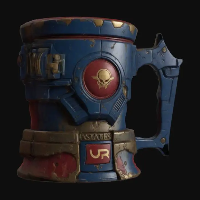 3D model for Games_Workshop USDZ: precision-engineered Space Marines coffee mug, feature animation quality. Rigid construct, crisp silhouette readability, distinct material separation, watertight topology. Layered ablative armor, iconic style, brutalist aesthetic. Masterpiece, chamfered edge discipline, light-catching form, optimized proportions, high-tension mechanical Boolean-cut hard surface modeling. Subdivision-ready, clean primary+secondary+tertiary forms. Game-ready, tessellation-optimized UVs