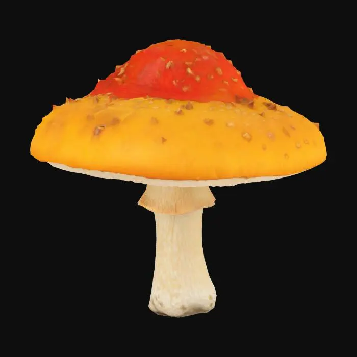 3D model for A realistic 3D model of a Chanterelle	 mushroom, game-ready, clean topology, medium polycount, detailed cap and stem texture, natural red and white colors, centered, no background.