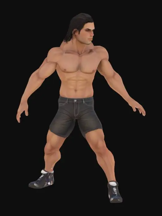 3D model for 6.1 feet tall, strong Male, half naked in shorts and sneakers as shoes, with a pretty face and half long dark hair in a T-pose, ready to be rigged for VRChat