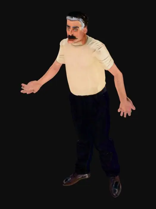 3D model for a man with a mustache and a shaved hair cut and thicker eyebrows and a sweater and black pants and black with a old man fore head shoes 