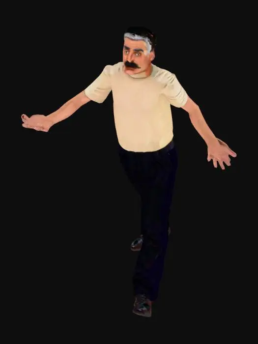 3D model for a man with a mustache and a shaved hair cut and thicker eyebrows and a sweater and black pants and black with a old man fore head shoes 