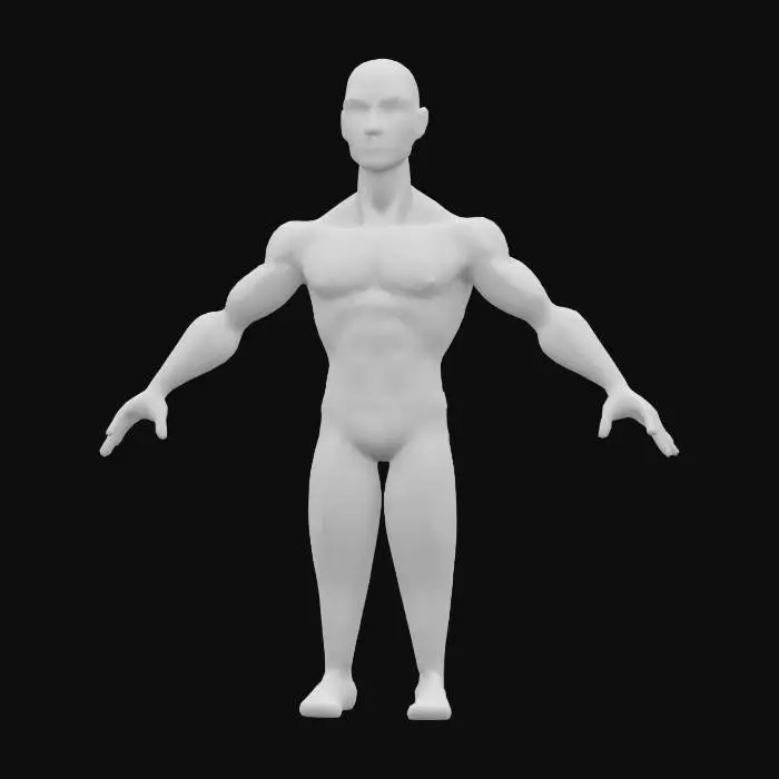 3D model for A stylized 3D character in Ghibli cartoon style. A bald Southeast Asian man in T-pose, shirtless, wearing traditional dark blue Thai “mo hom” pants. Soft shading and hand-painted textures, gentle and expressive facial features, fantasy-inspired proportions.