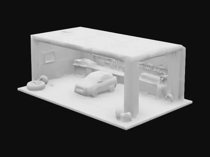 3D model for Hola chat. Estoy crando un garage para mis coches RC a escala 1/43. El espacio que tengo ees limitado entonces me gustaria que pudiera colgarlo. Podrias generar un garage a modelo cuyas medidas sean 80mm de alto, 160mm de largo y 120mm de fondo y que pueda ponerse en una pared o techo. para que esté colgando. TAmbien podrias incluir adentro de el objetos como cajas de herramientas y articulos de garage
