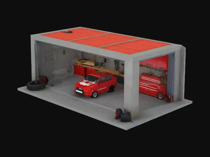 3D model for Hola chat. Estoy crando un garage para mis coches RC a escala 1/43. El espacio que tengo ees limitado entonces me gustaria que pudiera colgarlo. Podrias generar un garage a modelo cuyas medidas sean 80mm de alto, 160mm de largo y 120mm de fondo y que pueda ponerse en una pared o techo. para que esté colgando. TAmbien podrias incluir adentro de el objetos como cajas de herramientas y articulos de garage
