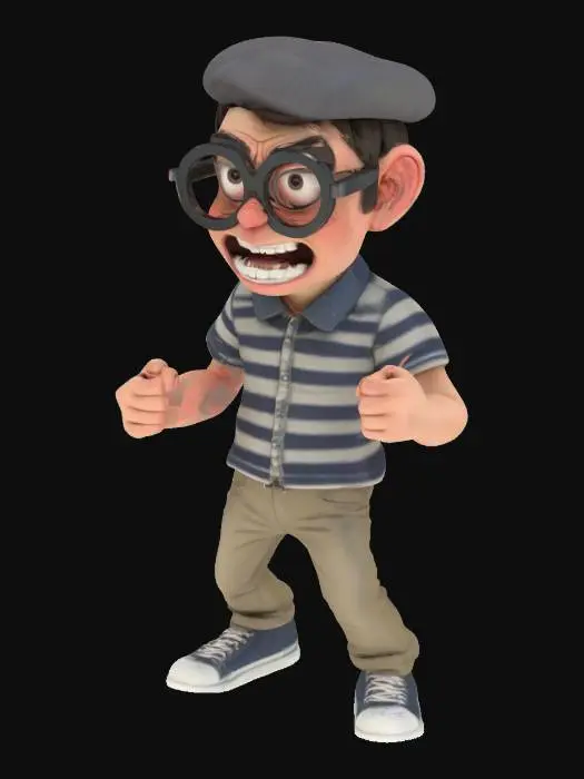 3D model for angry french nerd who hates ai images and 3d meshes. Ultra-realistic. single 4k texture. extreme anger pose.