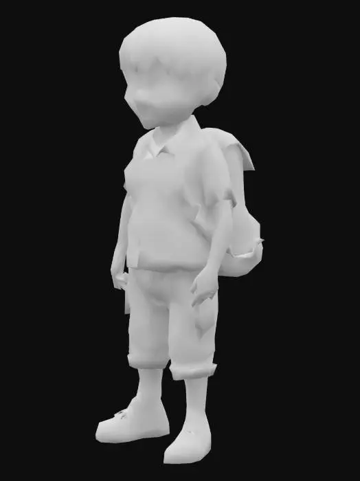 3D model for Clothing:

Slightly oversized school uniform or casual clothes
Worn sneakers, scuffed knees
Backpack: Essential design piece—used for mechanics and possibly story
Details for Horror Aesthetic:
with individual fingers

Pale lighting on face, wide eyes
Small flashlight or glow stick for navigating darkness
Optional cosmetic variety (gender, skin tone, backpack type)