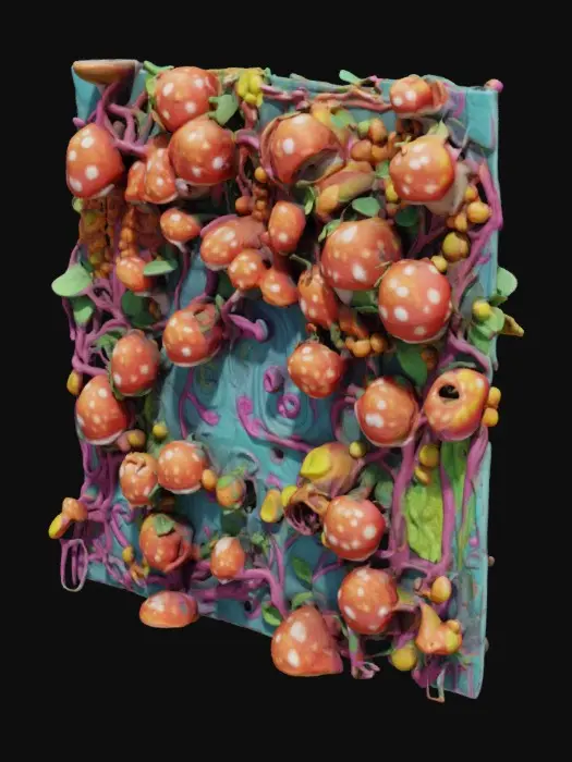 3D model for a psychedelic 3d model of a wall with mushroom vines and candies
