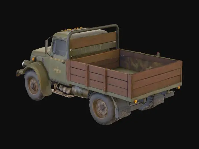 3D model for Ein olivgrüner 7,5-Tonnen-Pritschenwagen mit einer leicht verwitterten Lackierung, die Gebrauchsspuren aufweist. Die Pritsche besteht aus rustikalem, dunkelbraunem Holz mit sichtbaren Maserungen und Metallbeschlägen an den Ecken. Die runden Scheinwerfer und der einfache, trapezförmige Kühlergrill prägen das Gesicht der stabilen Fahrerkabine. Die großen, profilierten Reifen suggerieren gute Bodenhaftung.
