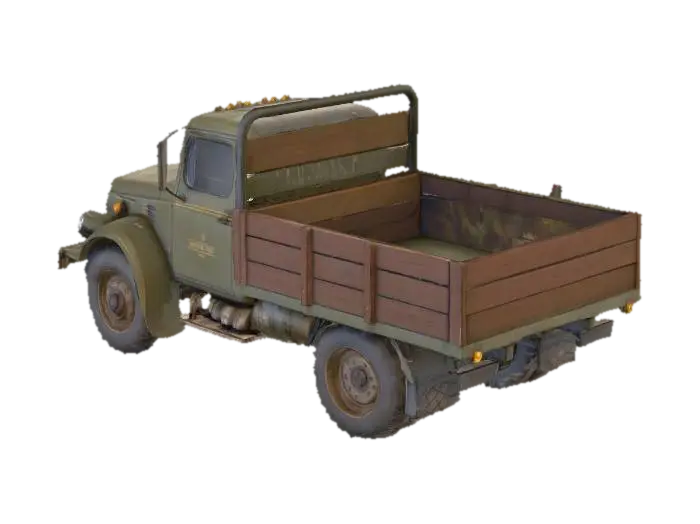 Ein olivgrüner 7,5-Tonnen-Pritschenwagen mit einer leicht verwitterten Lackierung,… - Lorry 3D model, vytvořený pomocí AI