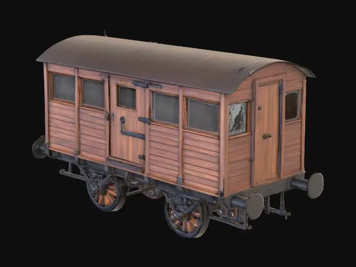 3D model for Ein kompakter Wohnwagen, der an einen historischen Eisenbahnwaggon erinnert, mit einer Außenhaut aus dunklem, geöltem Holz, das eine warme, raue Maserung zeigt. Schwarze Schmiedeeisenbeschläge und robuste Scharniere zieren die kleine Eingangstür. Die kleinen, quadratischen Fenster sind mit dicken Holzrahmen versehen. Unter dem Wagen befinden sich massiv wirkende Achsen mit kleinen, widerstandsfähigen Rädern, die seine stabile, fast schienenfahrzeugartige Präsenz unterstreichen.