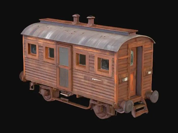 3D model for Ein rustikaler Wohnwagen aus einem umgebauten Eisenbahnwaggon, dessen Außenhaut aus einer Kombination von verwittertem Holz und rostigem Metall besteht. Das Holz ist grob gesägt und zeigt eine ausgeprägte Maserung, während das Metall eine patinierte, braun-orange Textur aufweist. Runde Bullaugenfenster und eine schwere, genietete Eingangstür betonen den Vintage-Charakter. Die Gesamtform ist wuchtig und erdig.