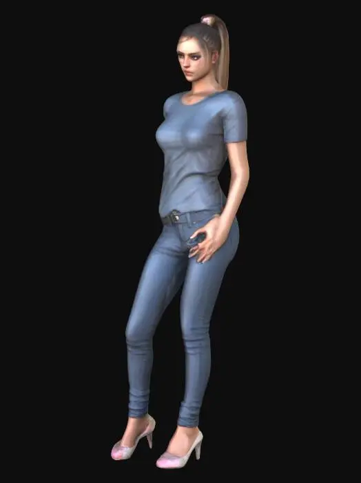 3D model for junge frau, hübsch,t-shirt, knappe jeans socken, High Heels, ultradetaillierter Körper, detailreiches Gesicht, hochauflösend, ausgeprägte Augen, harte Kanten, kantig, scharf, Perdeschwanz