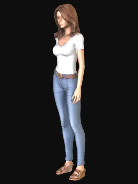 3D model for detailierte weibliche figur, shirt, jeans detailiert mittellanges braunes Haar, detailietes gesicht, sandalen