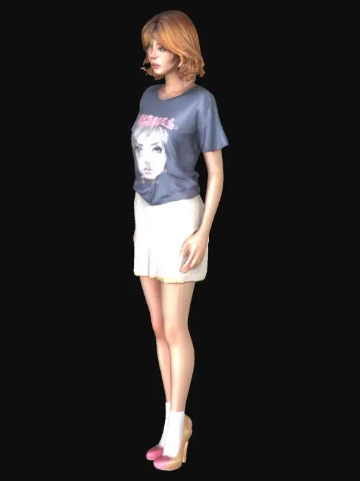 3D model for detailierte weibliche Figur, butes T-Shirth Kurzer Rock,  kurze socken Hig Heels, detailiertes Gesicht kurze Haare