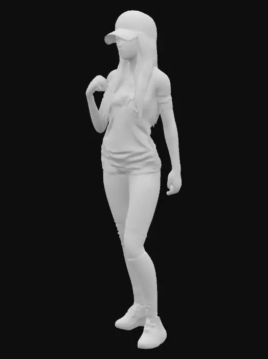 3D model for eine Frau mit langen blonden Haaren, Baskeball Cap, realistische Gesichtszüge, Realistiacher Körper, Shirt;hot Pants, Socken ,Sportschuhe