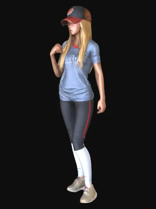 3D model for eine Frau mit langen blonden Haaren, Baskeball Cap, realistische Gesichtszüge, Realistiacher Körper, Shirt;hot Pants, Socken ,Sportschuhe
