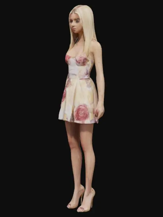 3D model for Frau kurzes Kleid, blondes Haar, High Heels