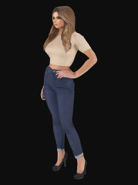 3D model for eine frau anfang 20 mit lange Haar sie trägt ein kurzes Top hautenge Jeans und high Heels